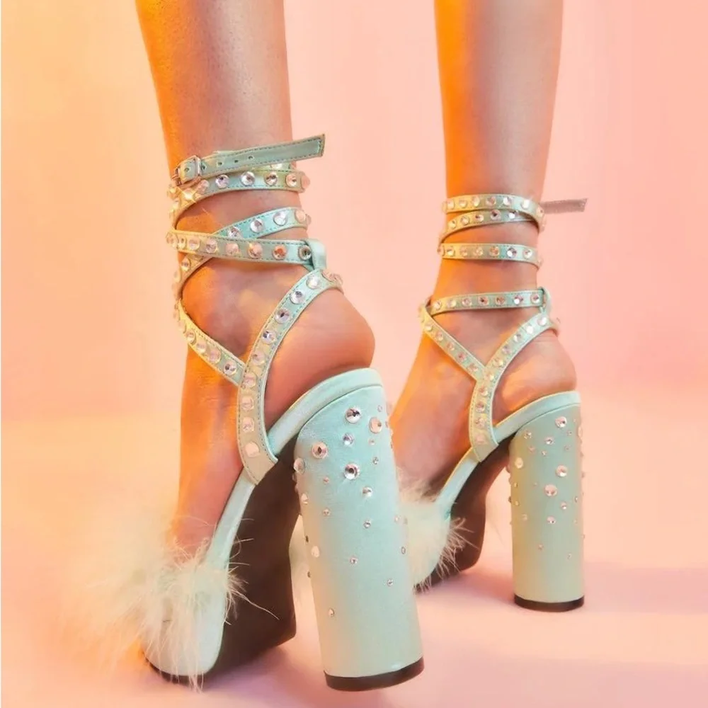 Mint jeweled marabou feather platforms size 7 - Picture 4 of 4